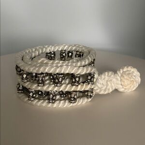 Vintage White Satin Macrame Rope Belt With 153 Rhinestone Embellishments